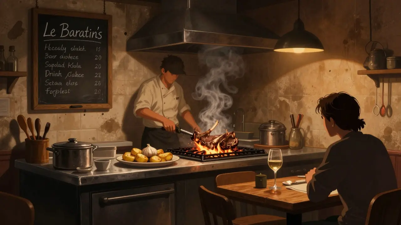 A chef cooking lamb chops in a dim, authentic Parisian bistro kitchen.