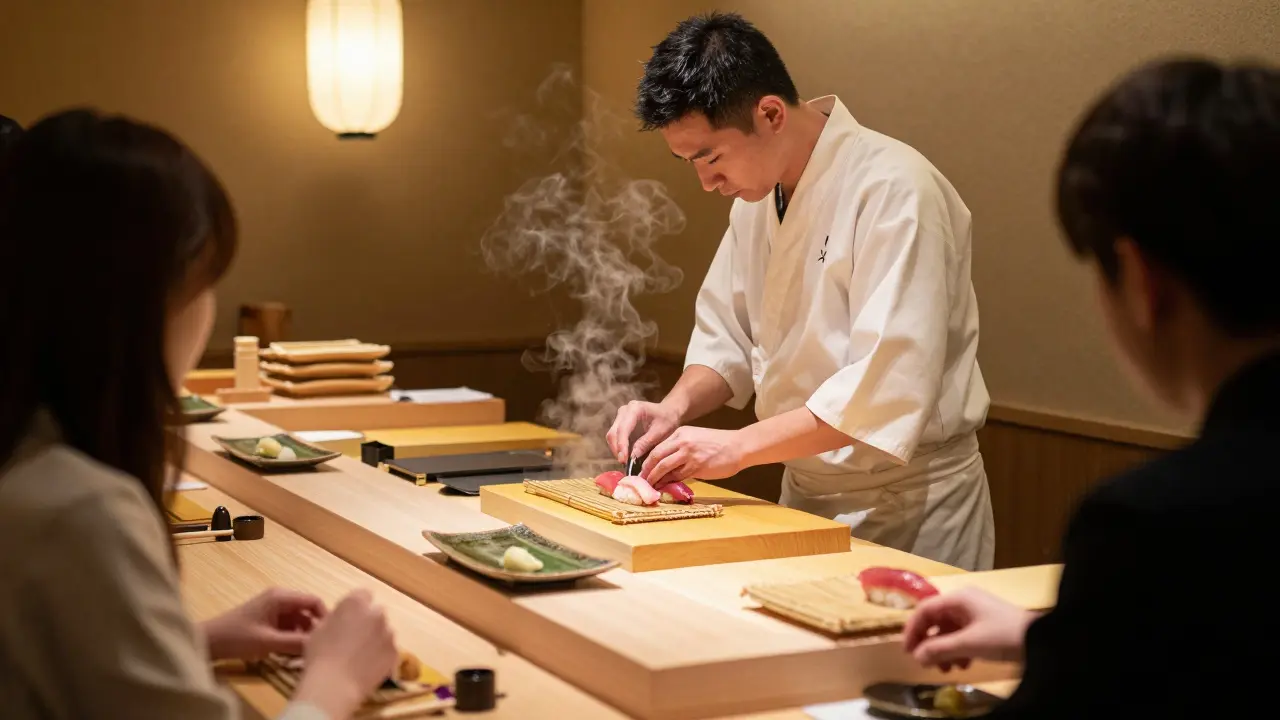 A chef preparing sushi at a quiet counter, fresh fish glistening under warm light.