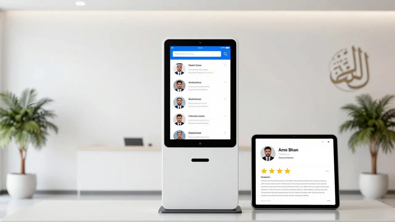 A clean agency office with a digital profile kiosk displaying verified companionship services in Abu Dhabi.