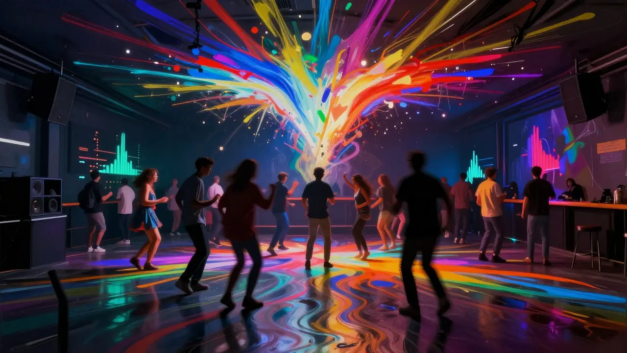A club ceiling projects moving art that reacts to dancers, turning the room into a living canvas of color and motion.