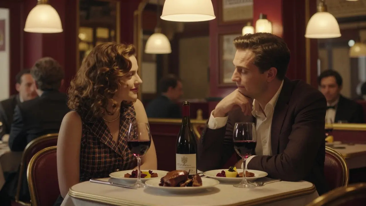 A couple dines quietly at a hidden bistro in Le Marais, enjoying duck confit and wine under warm pendant lights.