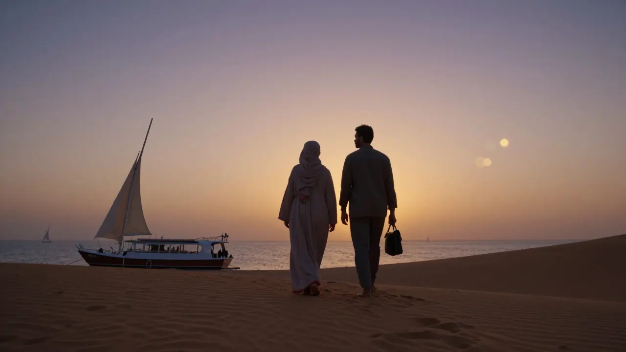 A couple walking peacefully along a desert dock at sunset in Abu Dhabi, dressed modestly and respectfully.