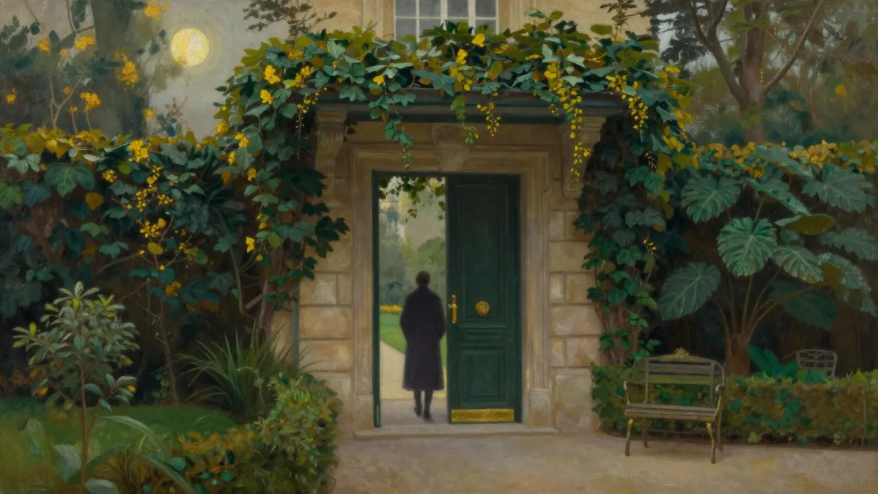 A hidden garden entrance to a Paris hotel, bathed in moonlight, with ivy-covered stone walls and no visible signage.