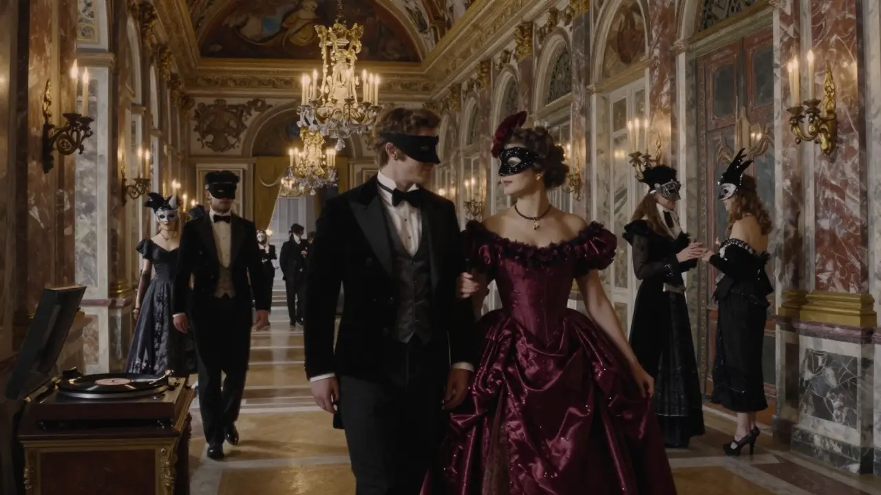 A masked couple moves through the grand marble halls of an antique art school during a secret masquerade ball.
