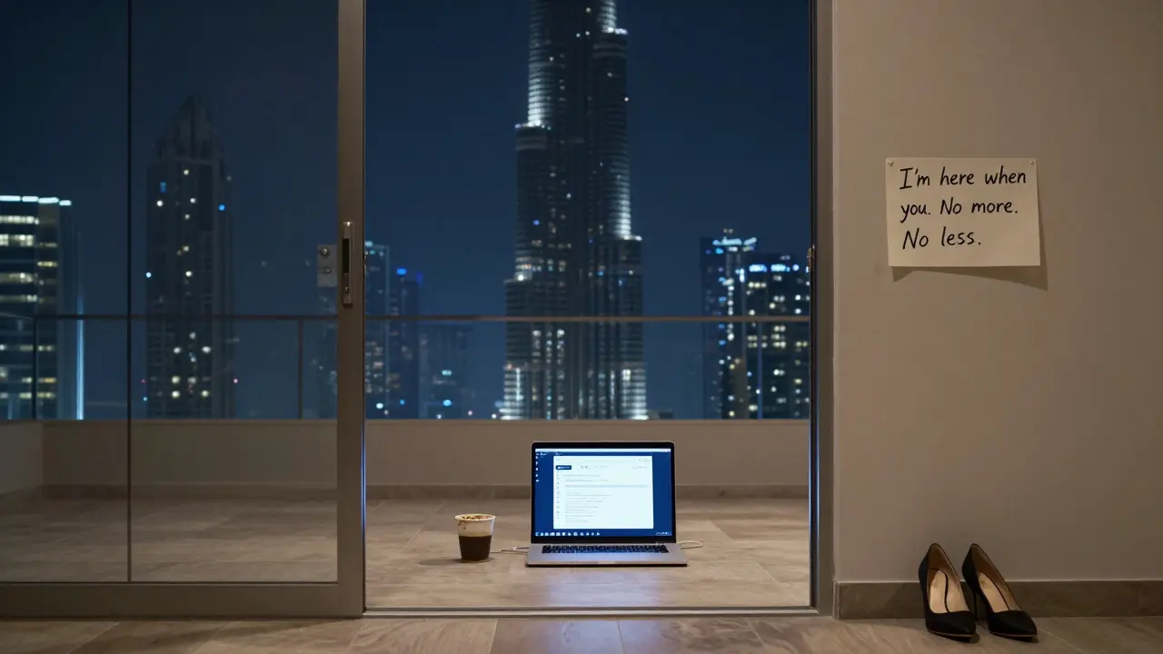 A minimalist office with a handwritten note and open laptop, symbolizing discretion and quiet companionship.