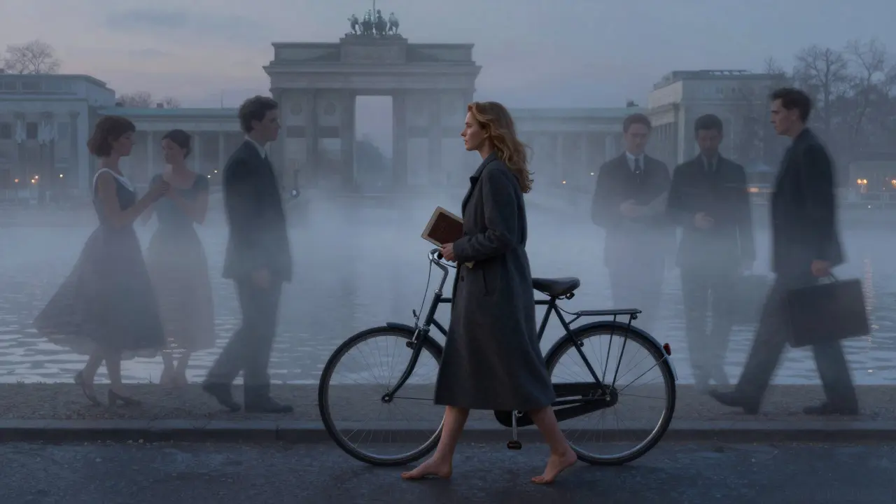 A modern woman walks barefoot along the Spree at dawn, ghostly figures from Berlin's past fading into the mist.