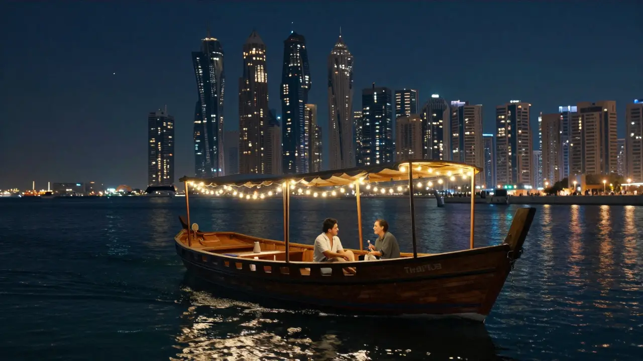 A private dhow cruise at night along Dubai Marina with glowing skyline reflections.