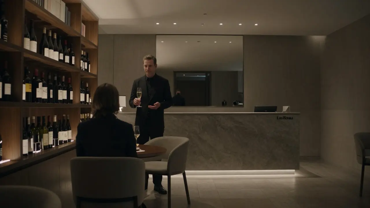 A private hotel check-in lounge with a sommelier offering champagne, minimalist modern design, and no front desk in sight.