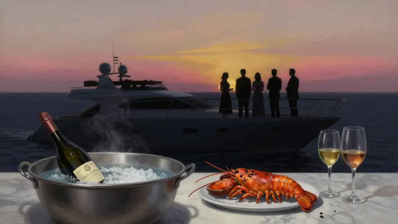 A private yacht at dawn, with champagne and lobster on a marble table as the sunrise glows over the Mediterranean.