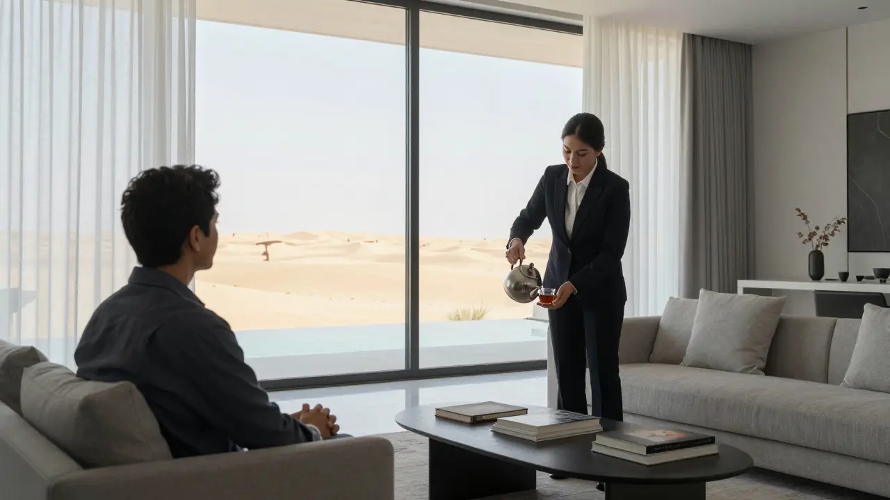 A professional companion and client sharing tea in a modern Dubai villa, emphasizing calm companionship.