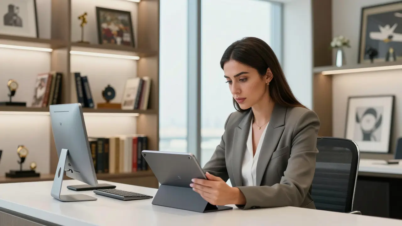 A professional companion reviewing a detailed profile on a tablet in a modern agency office.