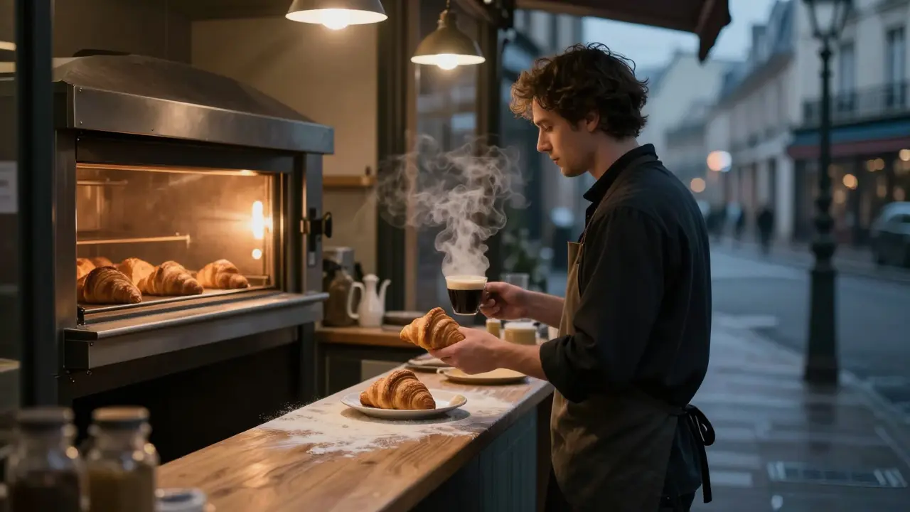 A quiet bakery at 4 a.m. with fresh bread and steam rising in the early morning light.