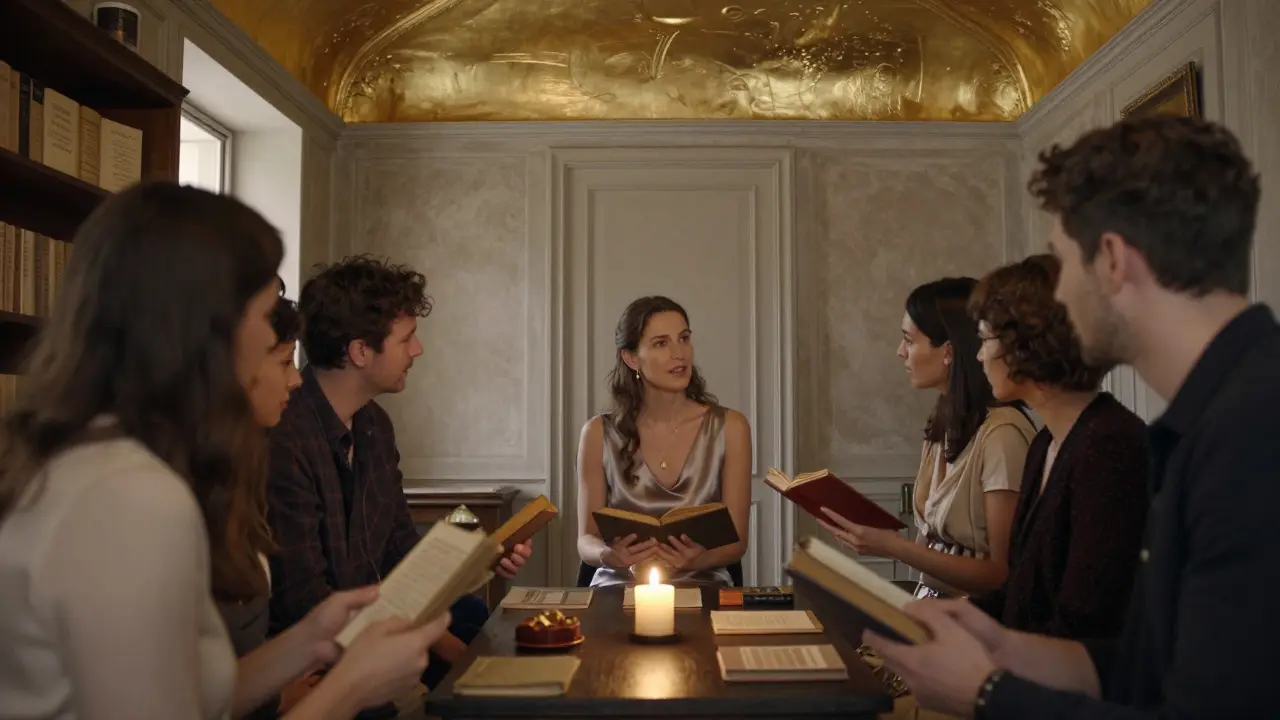 A quiet gathering in an 18th-century Parisian townhouse, where guests share rare books and objects by candlelight.