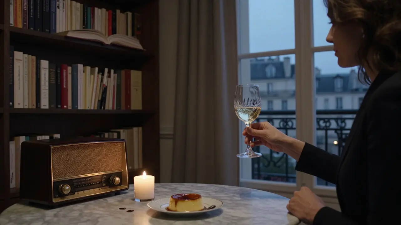 A refined woman serves wine in a stylish Parisian apartment, candlelight glowing beside a crème brûlée and open books.