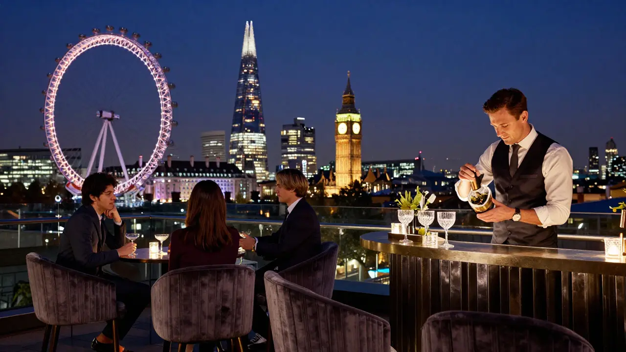 A rooftop terrace with city lights below, two people sipping cocktails in silent elegance.