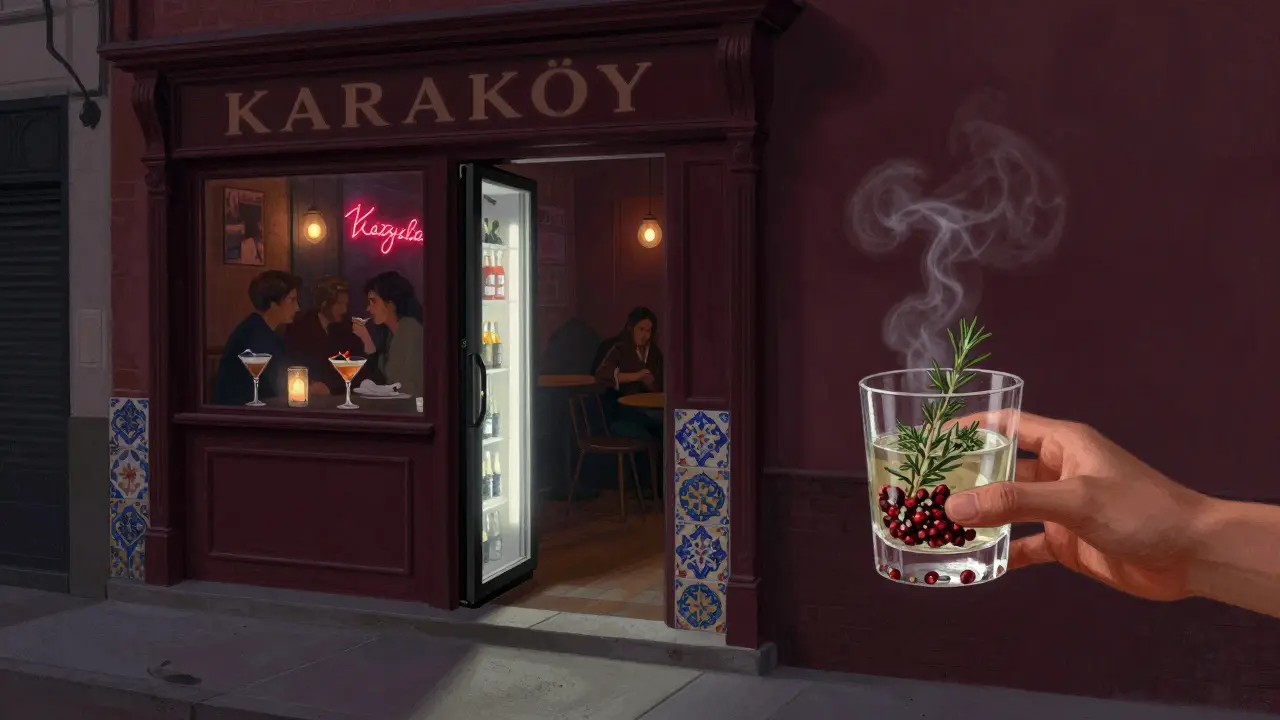 A secret speakeasy behind a bakery door in Karaköy, lit by candlelight and neon glow.