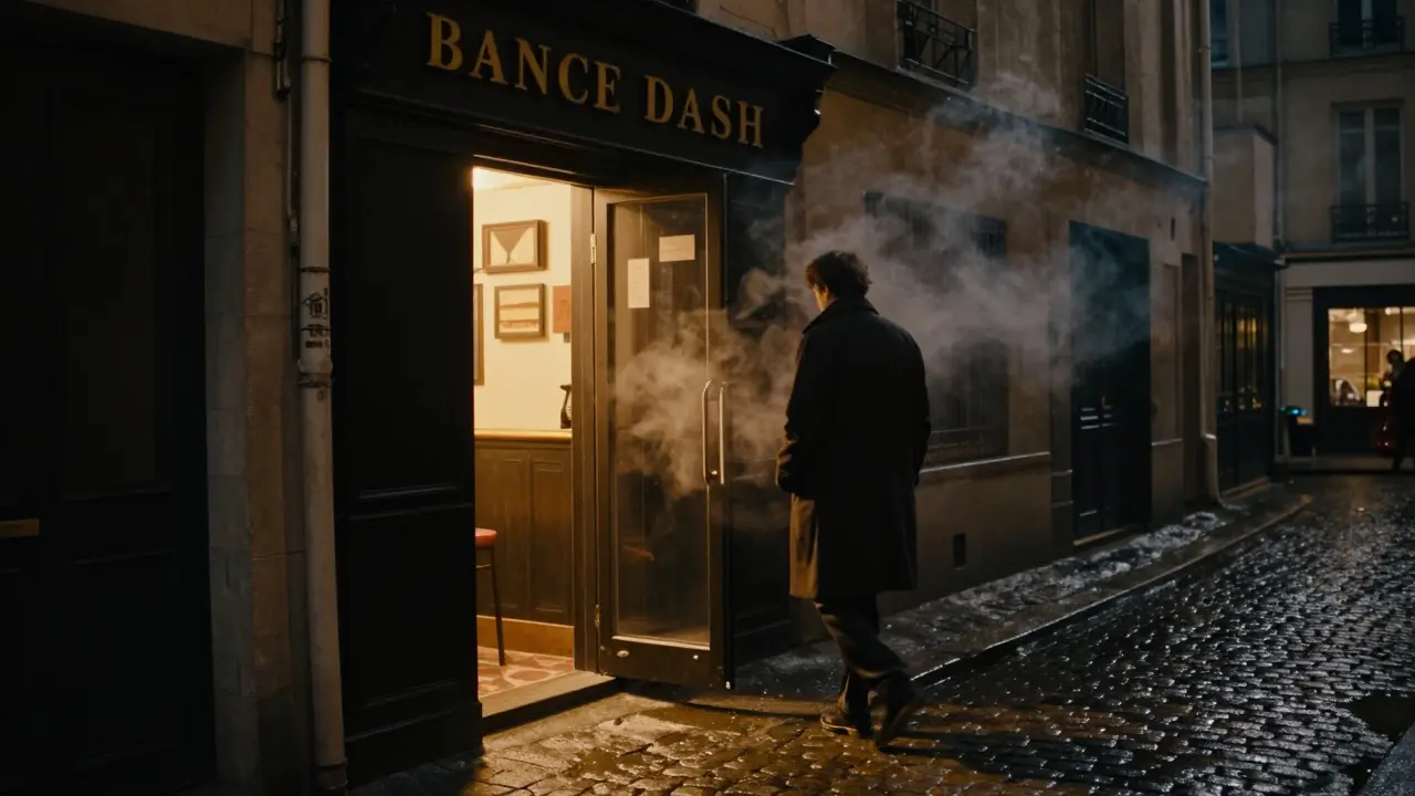 A secret speakeasy entrance revealed by a fridge door in a narrow alley at midnight.