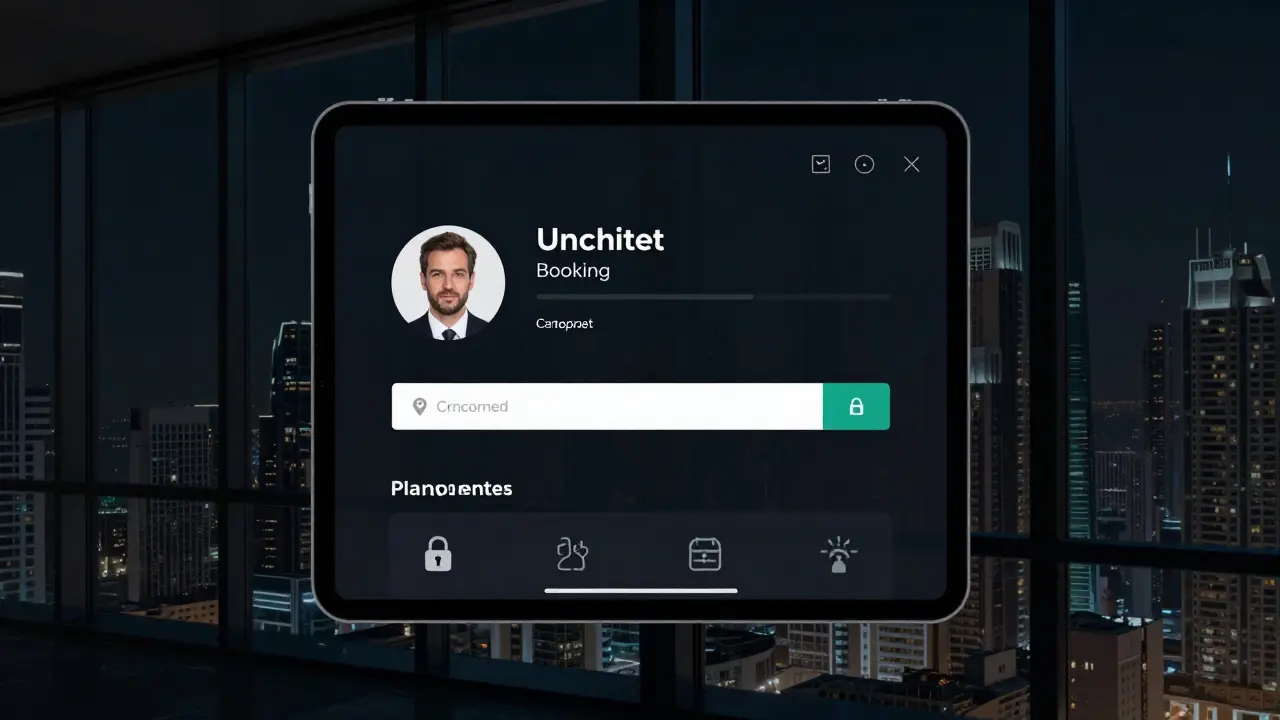 A secure booking interface reflected in a penthouse window, symbolizing discreet and private arrangements.