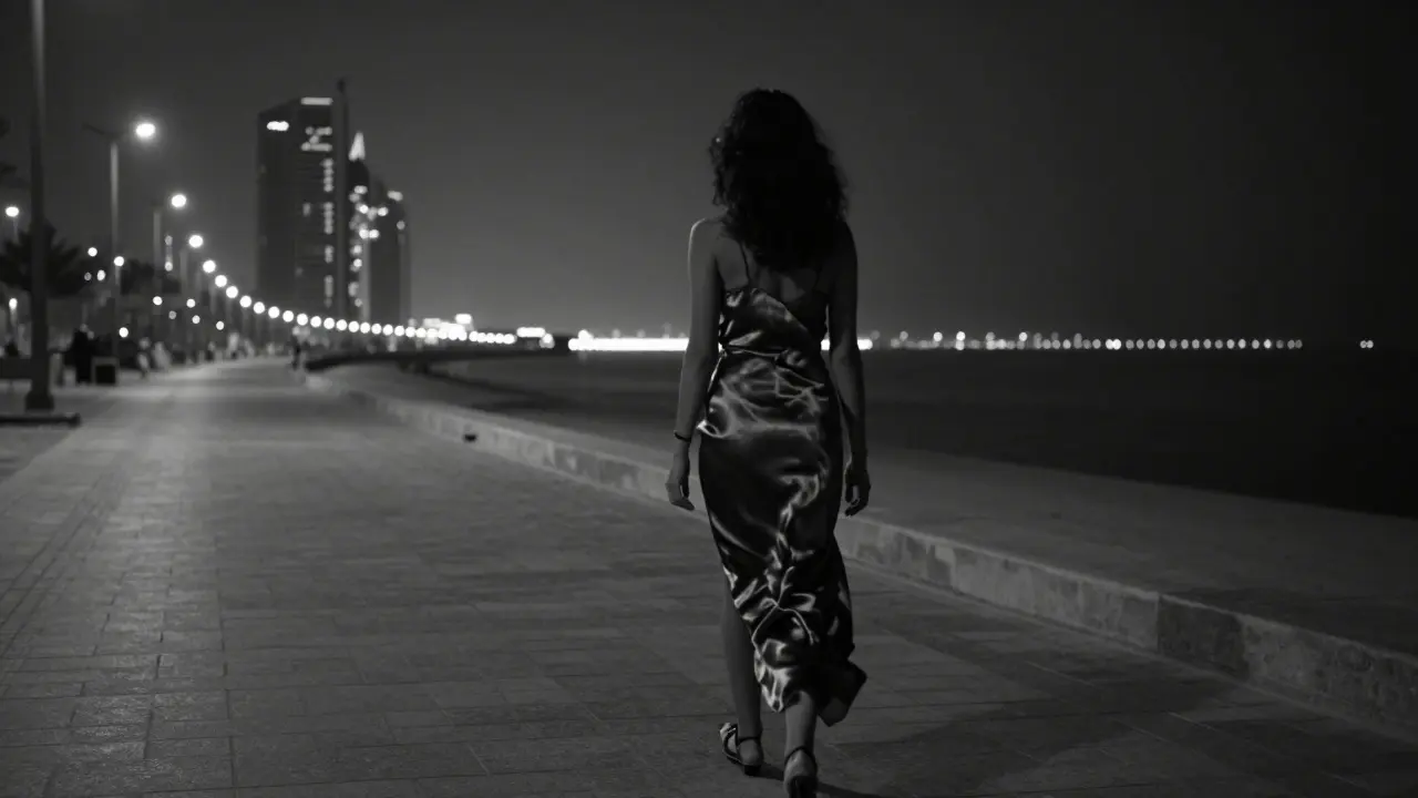 A silhouette walks alone along the Abu Dhabi Corniche at night, embodying quiet confidence and discretion.