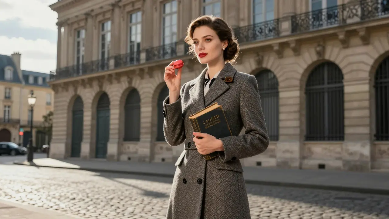 A sophisticated woman standing before a historic Parisian building, holding a book and a macaron.