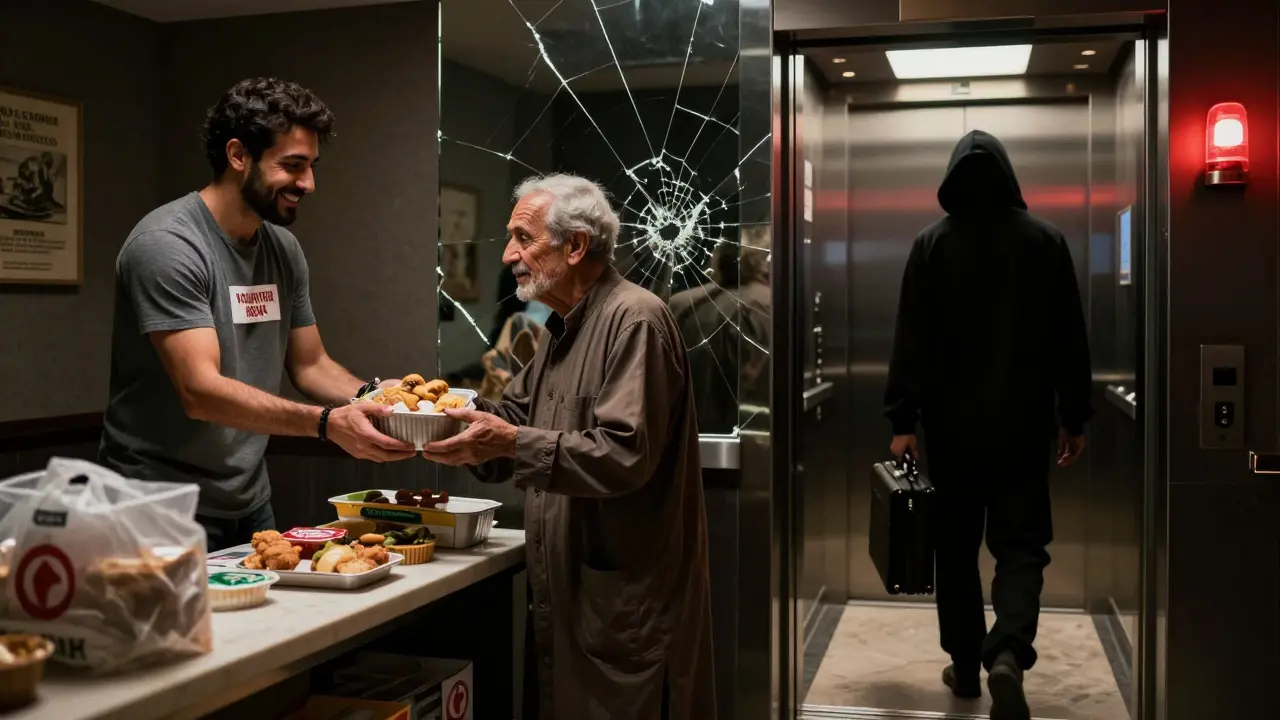 A split image showing a man volunteering peacefully on one side and a shadowy figure entering a hotel on the other, reflected in a cracked mirror.