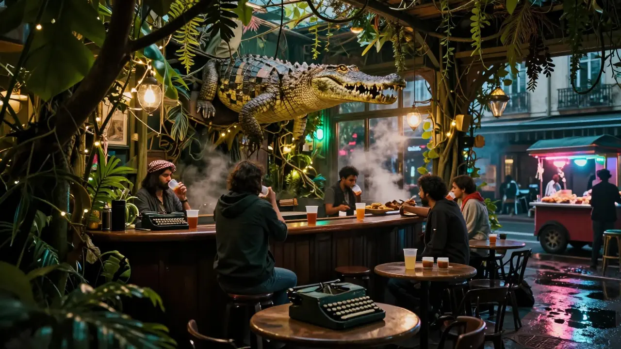 A surreal jungle bar with hanging plants, a crocodile on the wall, and late-night drinkers under fairy lights.