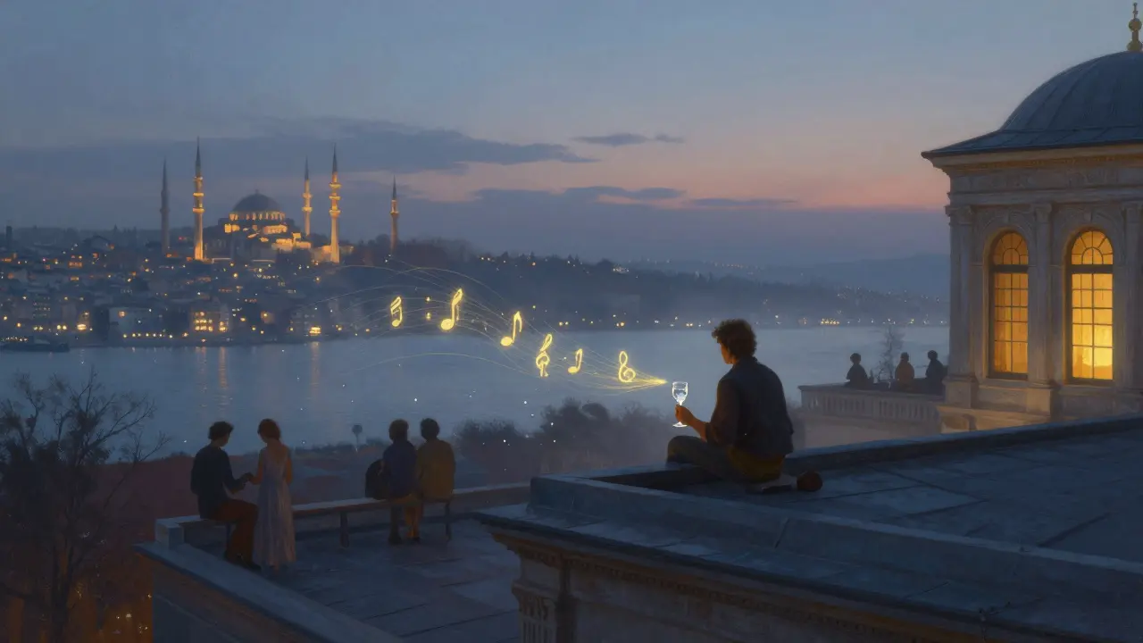 A tranquil rooftop at dawn overlooking the Bosphorus with a solitary figure sipping gin.