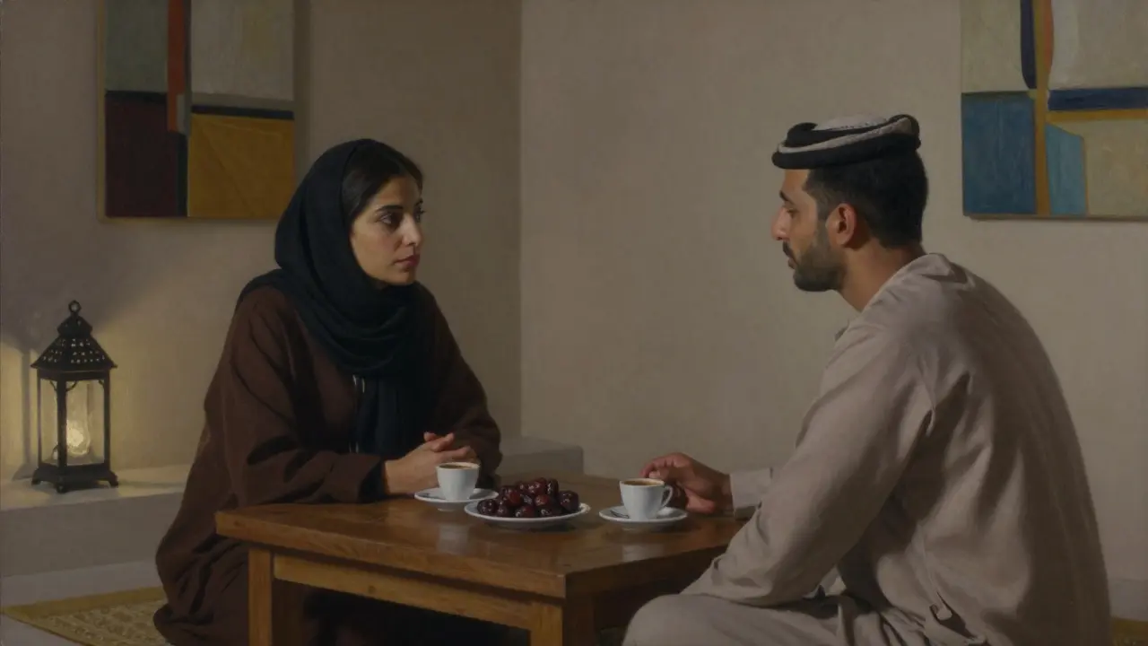 A woman and man share quiet conversation over coffee at a private villa in Abu Dhabi, no physical contact.