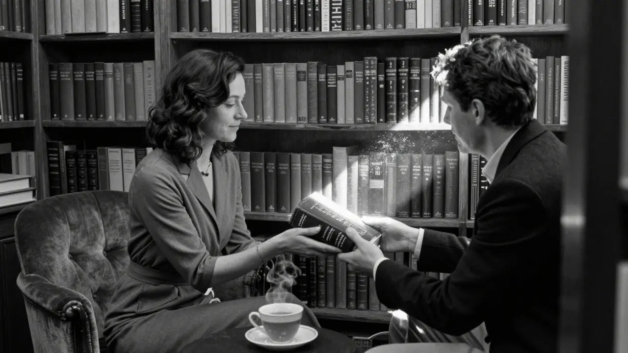 A woman handing a rare book to a man in a hidden Parisian bookshop bathed in afternoon light.