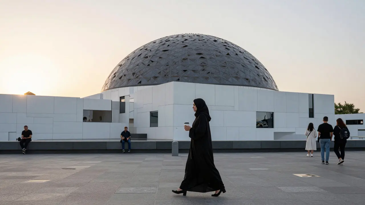 A woman walks peacefully near the Louvre Abu Dhabi at sunrise, symbolizing safe social connection.