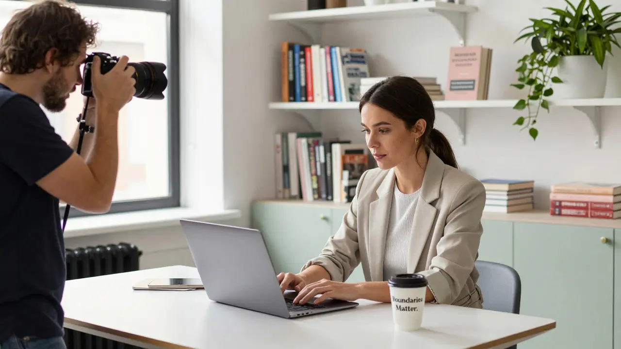 A woman works in a modern London co-working space, preparing for an escort profile shoot with natural light.