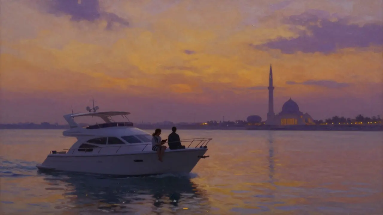 A yacht drifts at dusk on Abu Dhabi’s waters, two figures in quiet companionship, the sky painted in golden hues.
