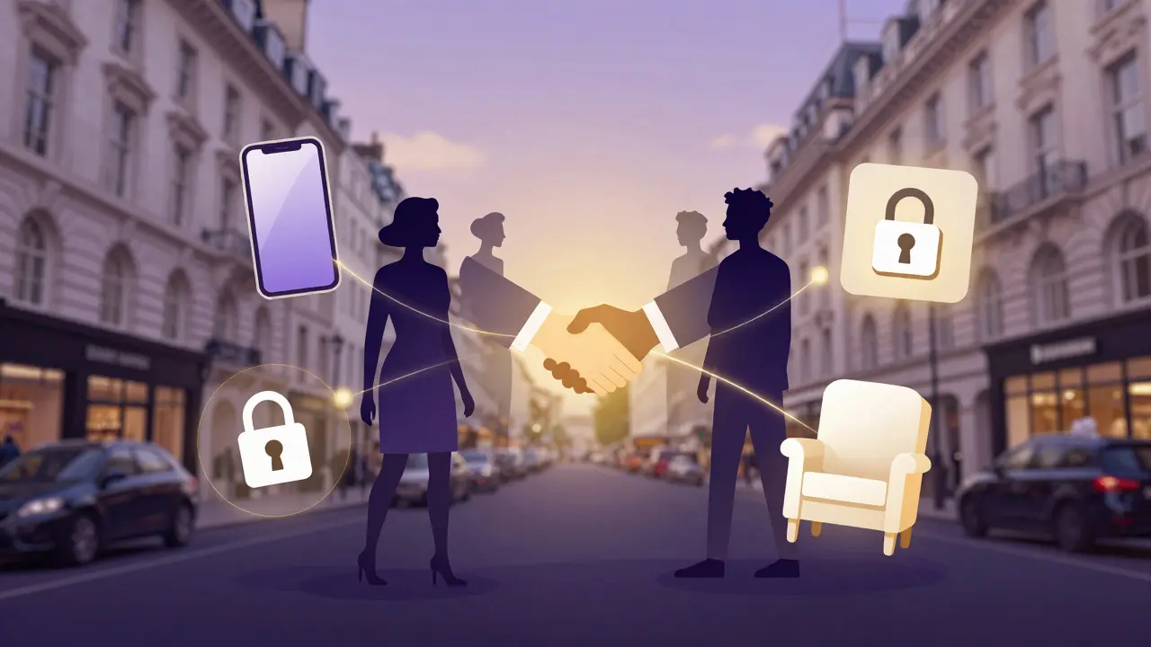 An abstract digital artwork showing connections between technology, safety, and human connection in modern London.