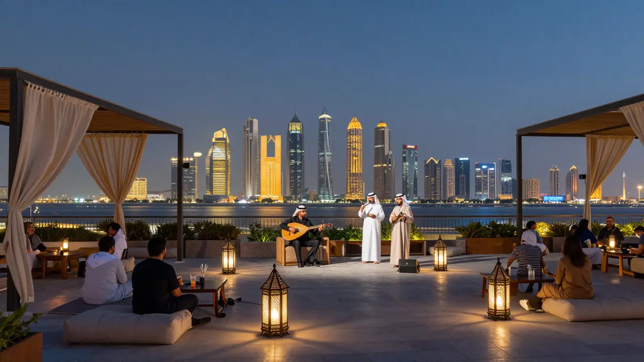 An acoustic performance on a rooftop terrace with the Abu Dhabi skyline glowing behind it.