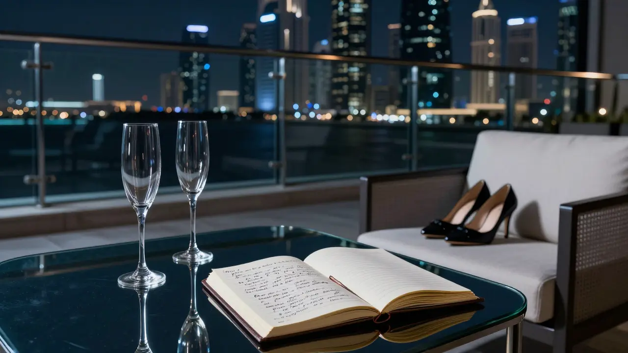 An empty rooftop lounge with champagne glasses and a notebook, city skyline reflected, no people present.