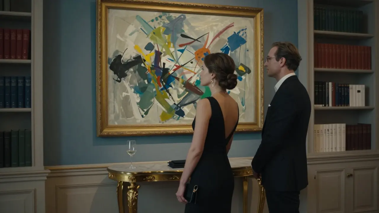 An escort and art collector viewing a Kandinsky painting in a lavish villa, illuminated by soft gallery lights.