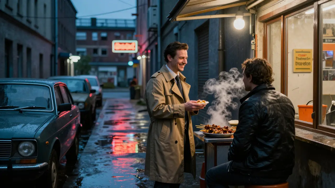 An escort and client sharing kebabs in a rainy Berlin alley at night, neon signs reflecting on wet pavement.