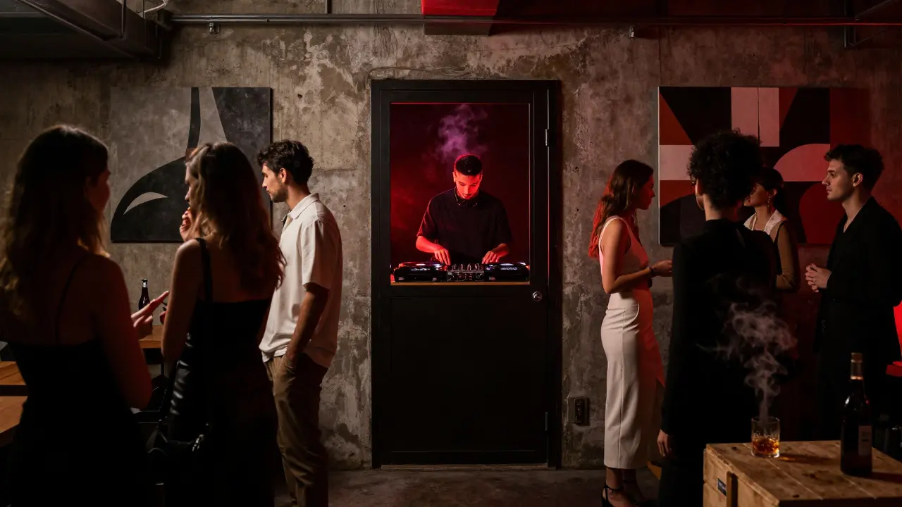 An underground club with a vinyl DJ and patrons in quiet conversation under red ambient lighting.