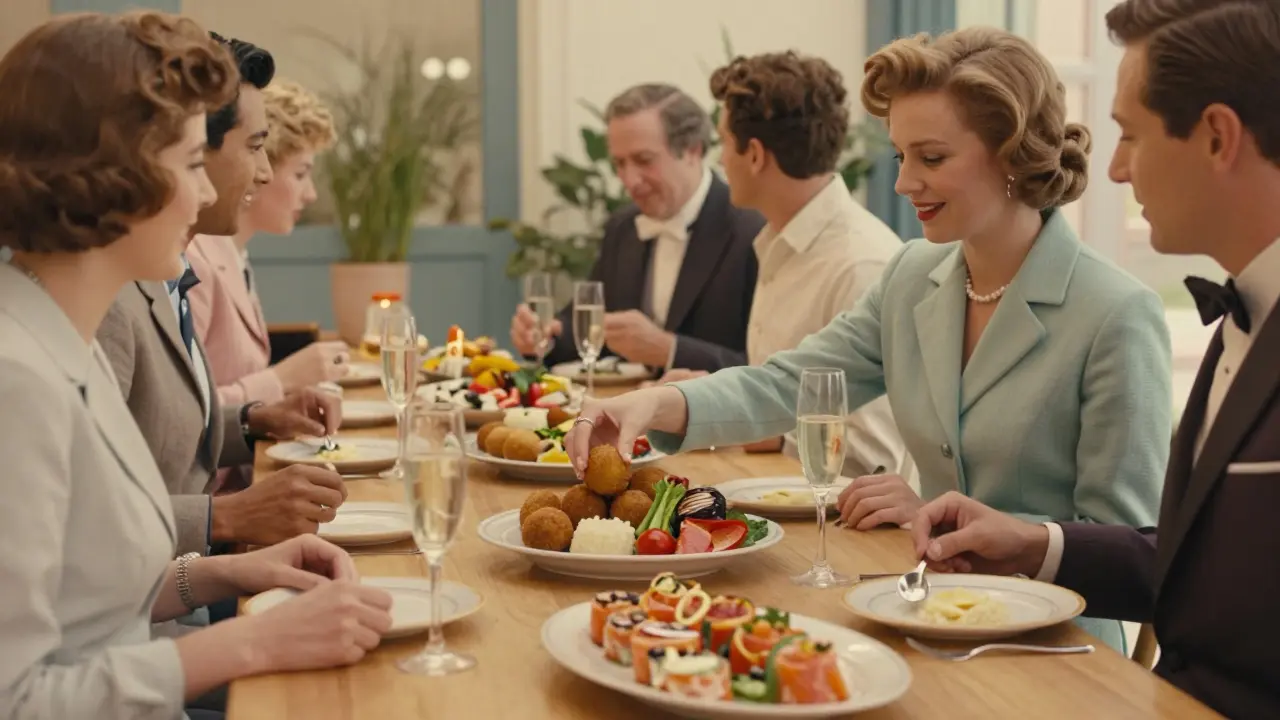 Aperitivo buffet with gourmet snacks at a stylish Milan bar, guests mingling in warm golden light.