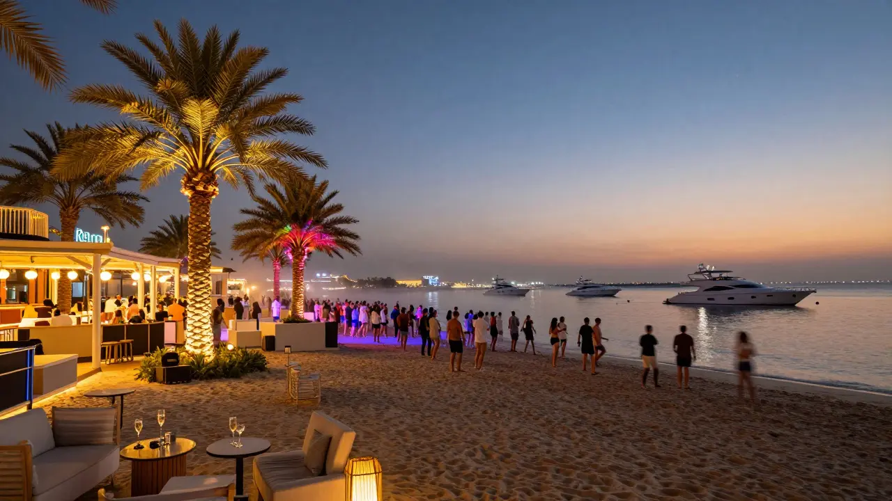 Beachside party at Reina with LED palm trees and Dubai Marina skyline glowing at night.