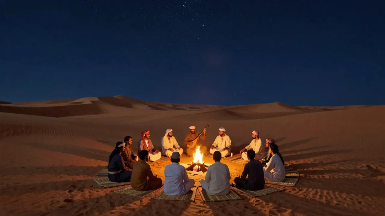 Bedouin musicians playing traditional instruments by a fire under a starry desert sky.