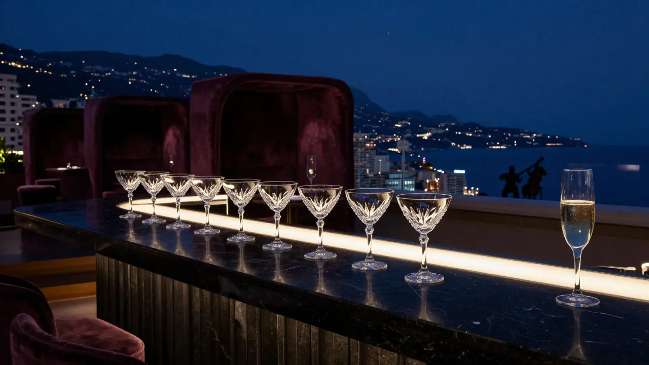 Blue Bay rooftop bar overlooking Monaco's skyline, crystal glasses and velvet curtains in soft light.