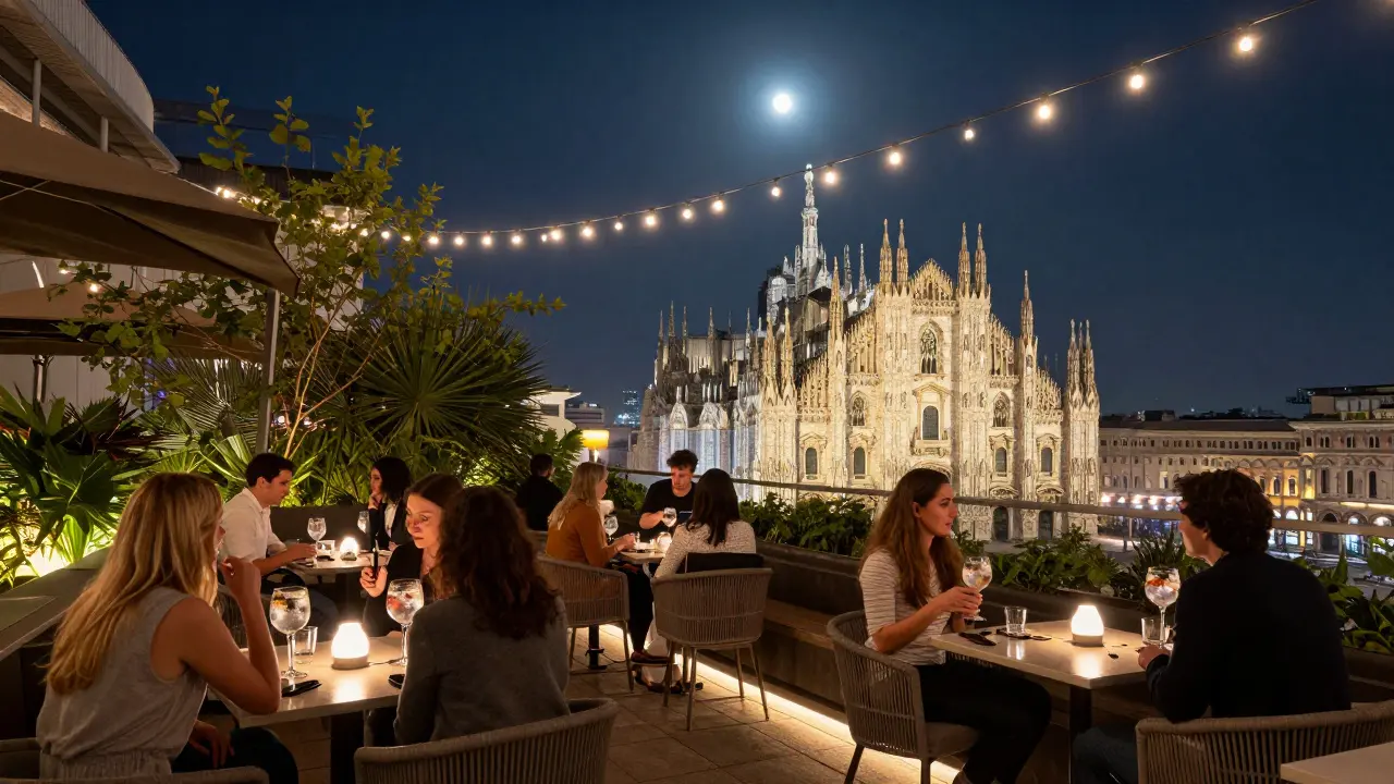 Calm rooftop bar with skyline views of Milan’s Duomo, guests sipping cocktails under soft lights.