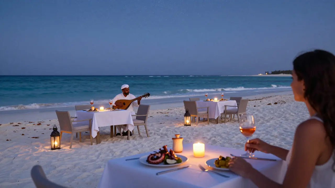 Candlelit beach tables on a quiet island with live oud music and starry night sky overhead.