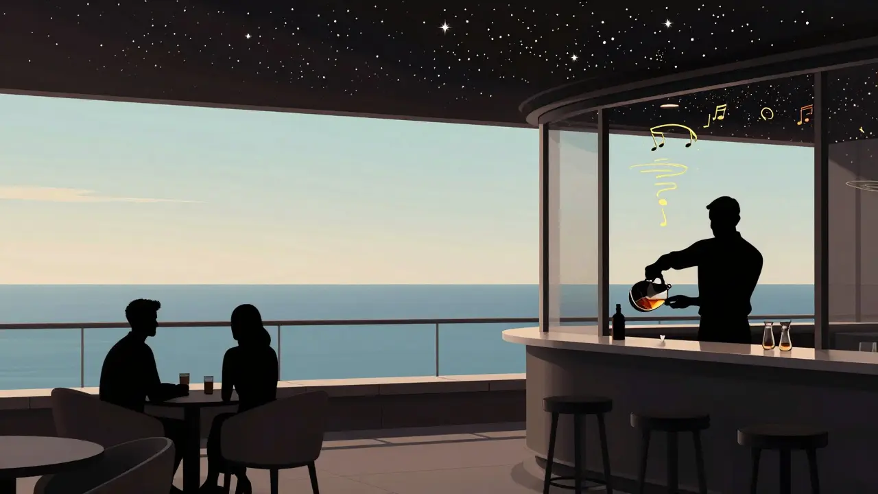 Couple on a silent rooftop lounge overlooking the Persian Gulf, bartender pouring whisky, stars above, no music or crowds.