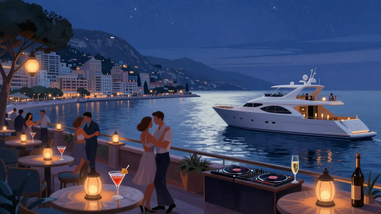 Couples dance slowly at Blue Bay nightclub under lanterns and stars, with a yacht floating nearby on the harbor.