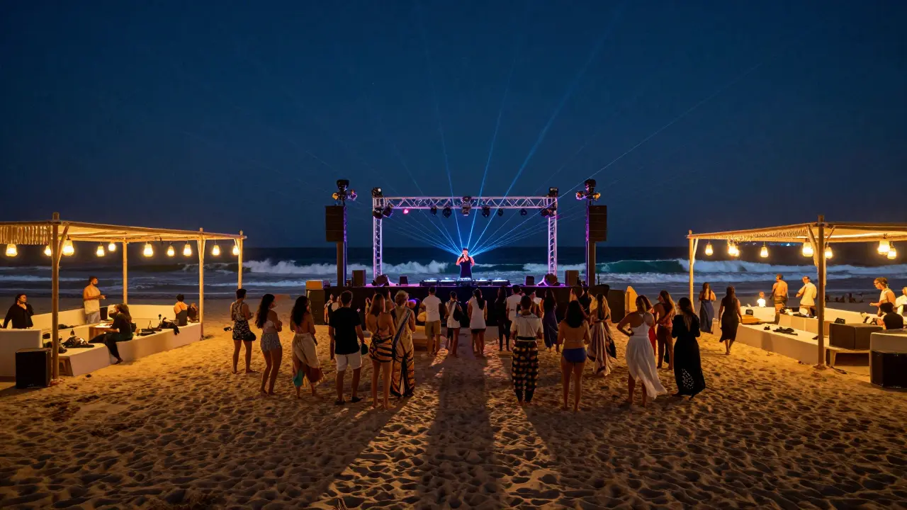 Crowd dancing on a beach at White Dubai under neon lights and stars, with waves crashing in the background.