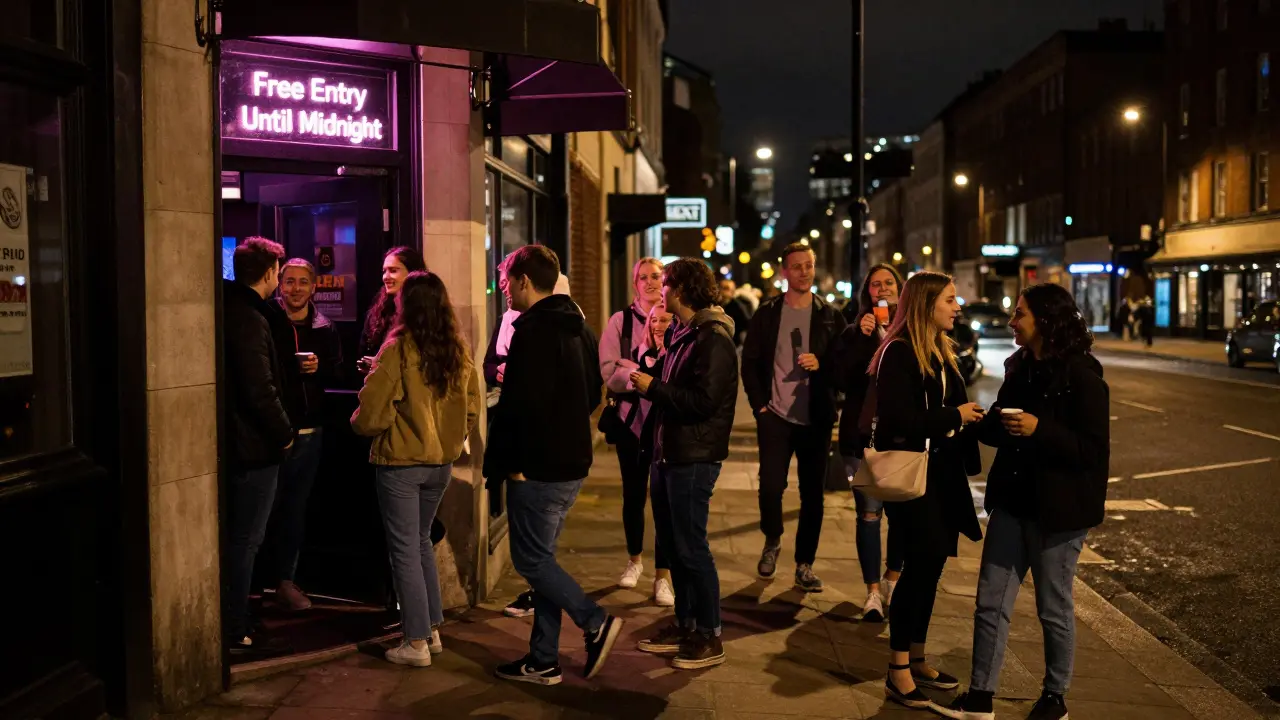 Crowd entering The Nest club for free before midnight, no ticket required.