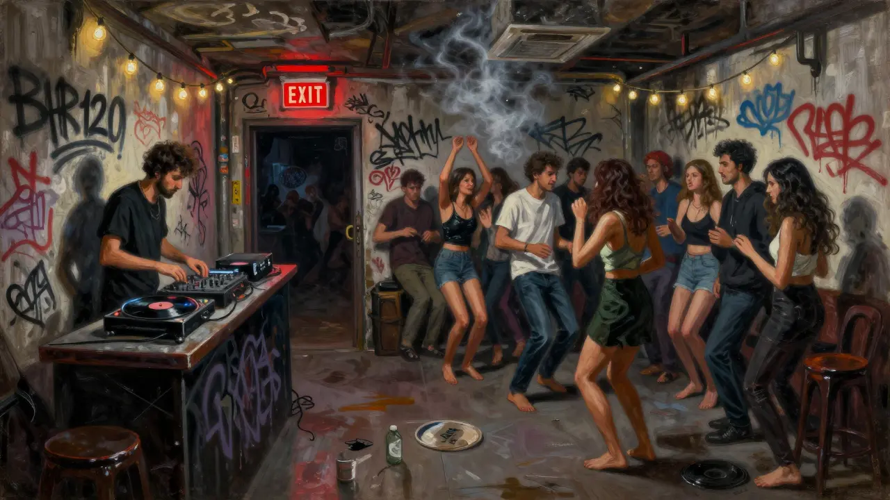Crowded basement club with graffiti walls, DJ spinning Turkish disco, smoke and string lights filling the air.