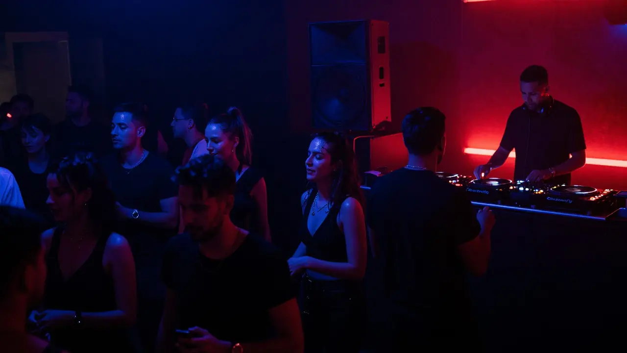 Dark, energetic nightclub with black-clad dancers and bass-heavy sound system.